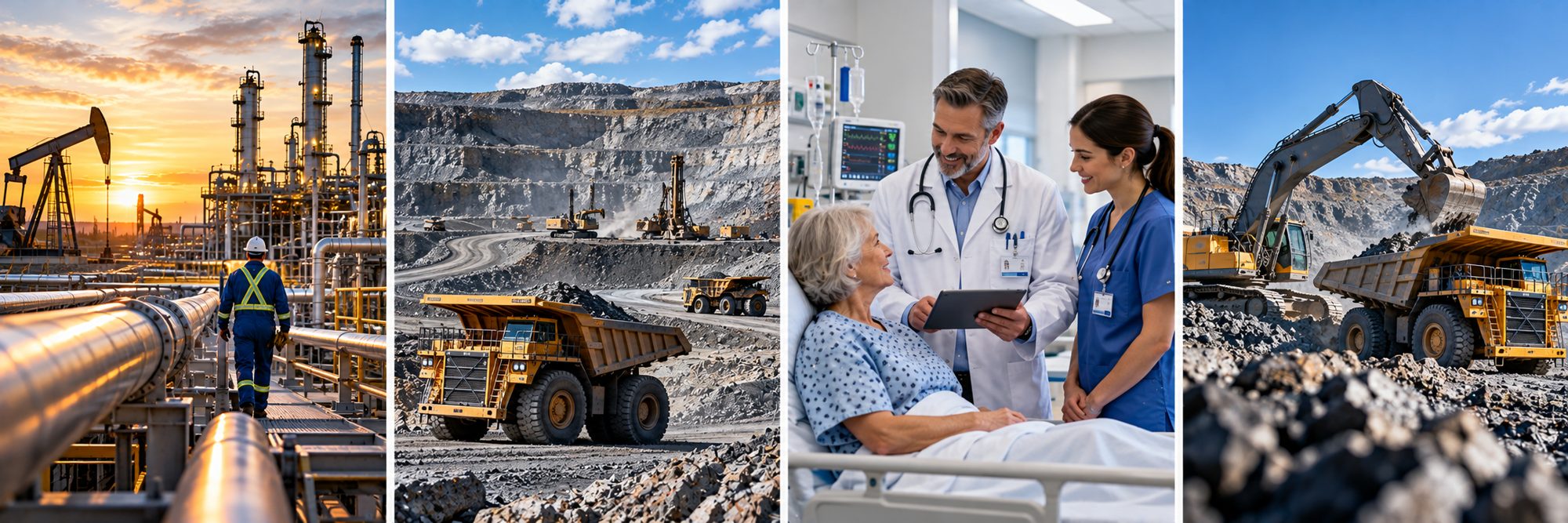 Montage of Western Canadian industry: an energy refinery and pipeline, an open-pit mine with haul trucks, a hospital care team, and heavy excavation equipment