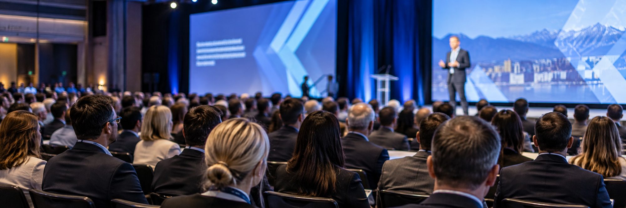 A speaker delivers a corporate keynote to a full, blue-lit auditorium